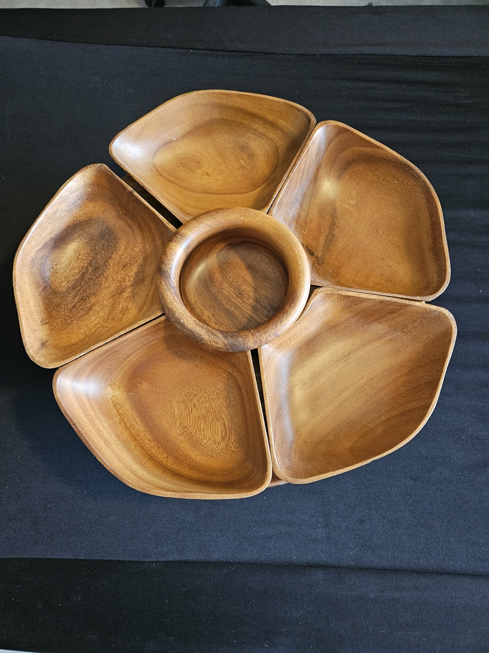 Mid-Century Monkey Pod WOOD  Chip & Dip Bowl Lazy Susan W/ 6 Bowls
